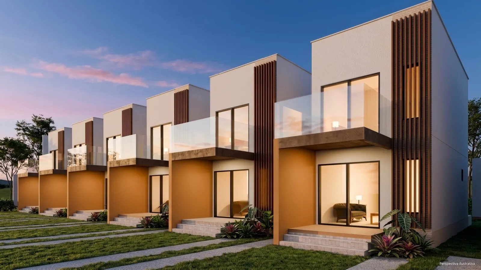 Fachada das casas ao entardecer